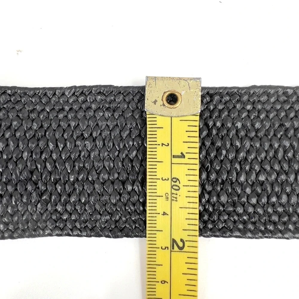 Womens M Wide Belt Black Woven Straw Raffia Boho Stretch Coastal Grandmother